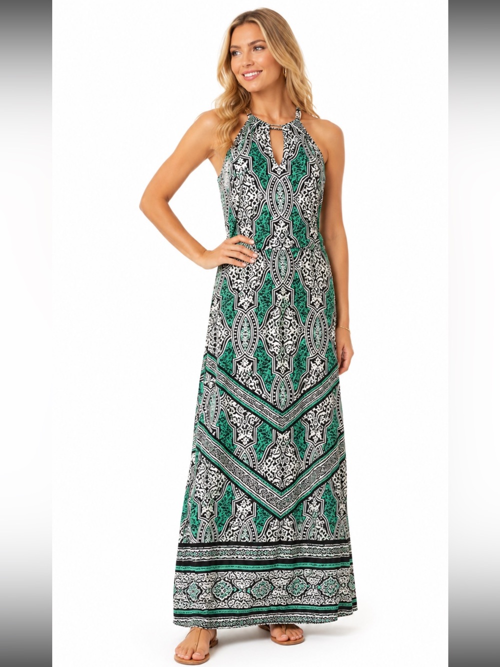 White House Black Market Boho Green Print Maxi Dress Resort Vacation — Size SP